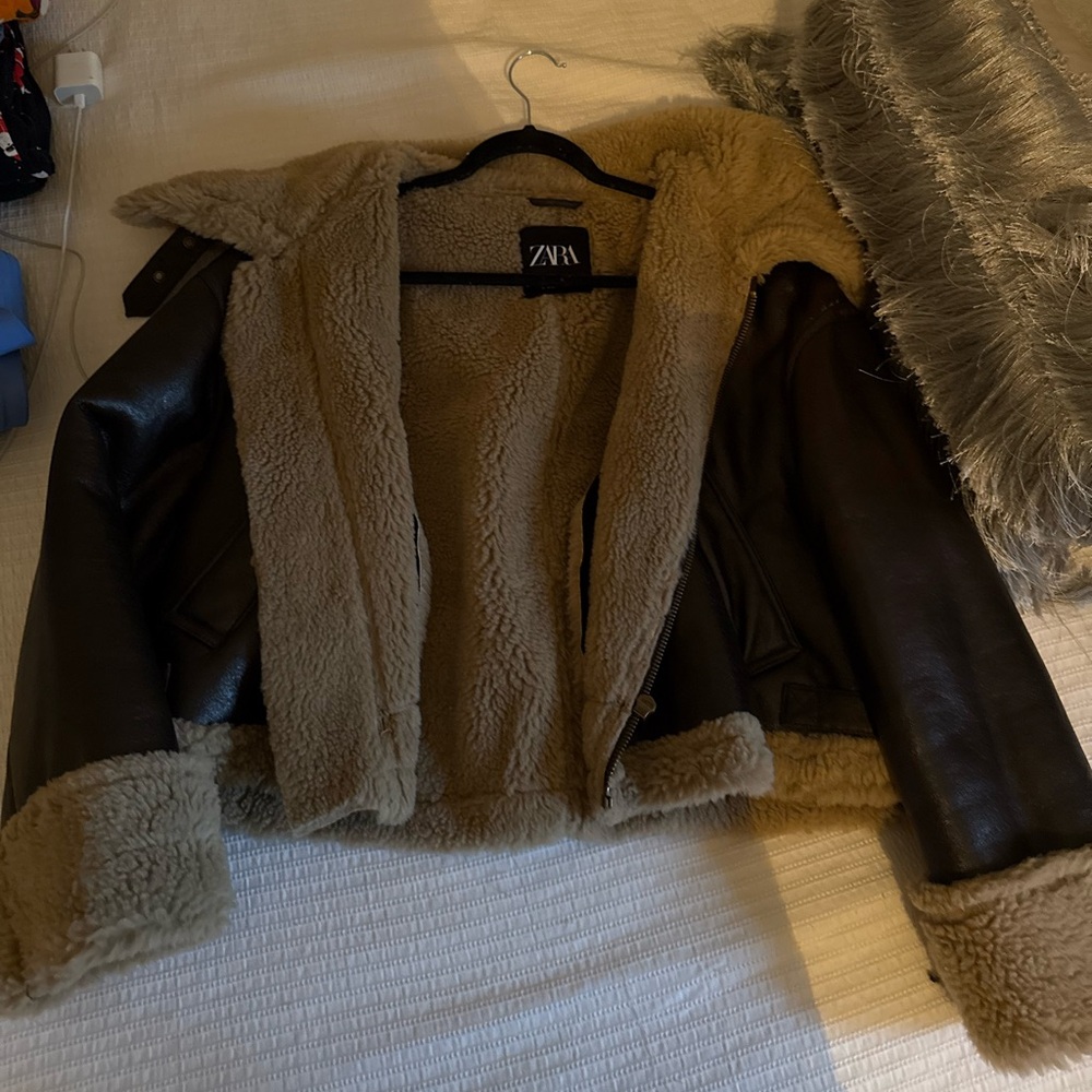 Zara brown leather cropped jacket